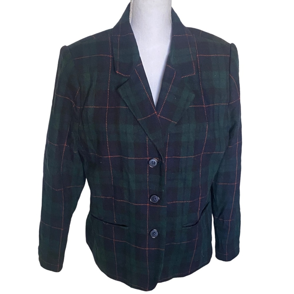 Sag Harbor Petite | Womens Green Plaid Wool Blend Blazer Jacket Size 14P